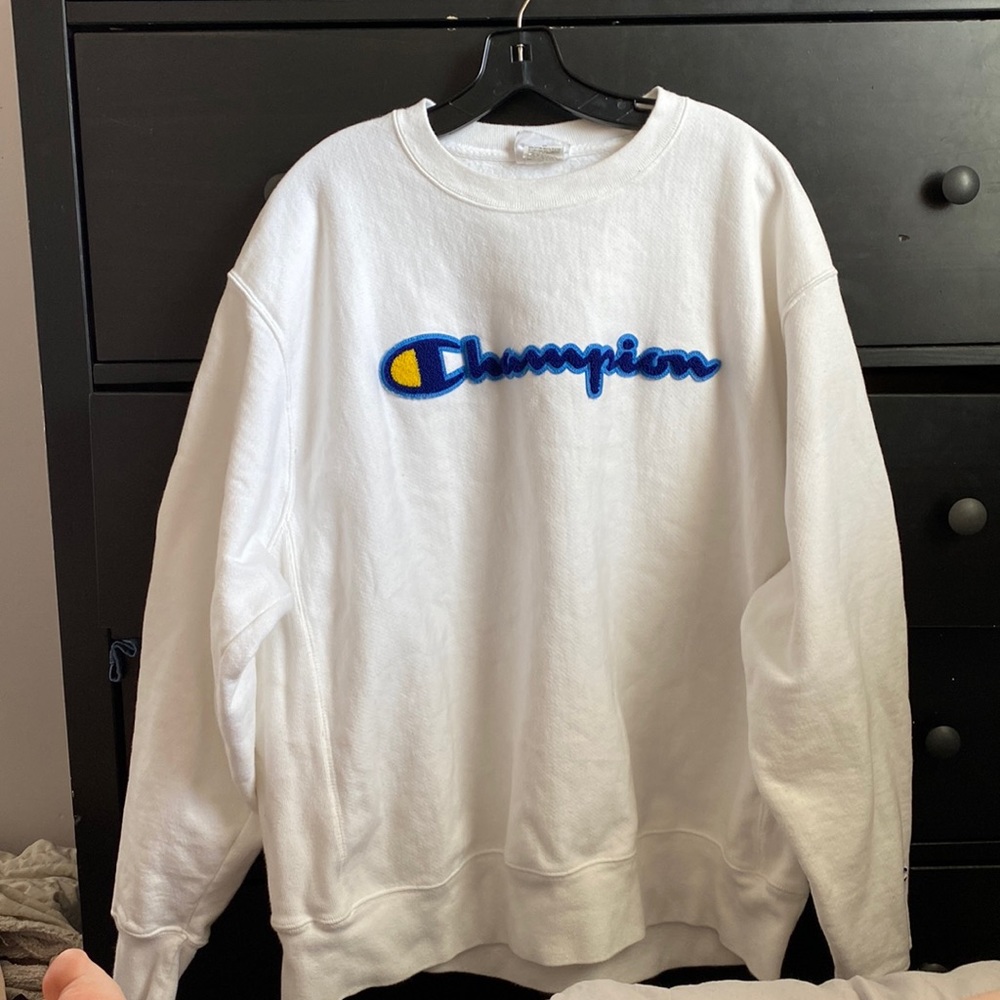 White and blue champion crew neck/ sweatshirt